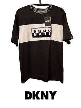 DKNY Men’s Black & White T-Shirt with Velvet Accent Logo Graphic